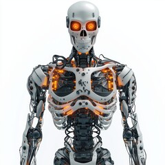 skeleton wearing mechanical robotic armor, with glowing circuits and advanced tech, isolated on a clean white background