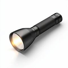 sleek black flashlight with a glowing beam of light, isolated on a clean white background