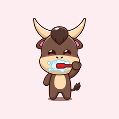 bull mascot cartoon character vector illustration brushing teeth