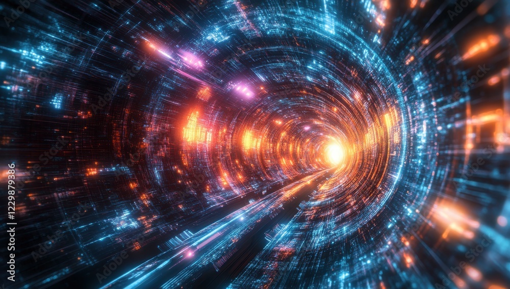 Fototapete Stunning Abstract Digital Tunnel with Colorful Lights and Energetic Flow Representing Technology and Futuristic Concepts in a High-Speed Environment