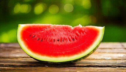 Juicy watermelon slice on rustic wood, vibrant summer background.  Perfect for food blogs, summer promotions, healthy eating concepts.  High-resolution image with appealing colors and textures.
