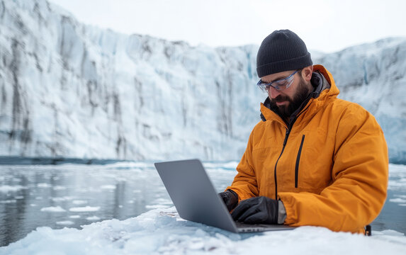 scientist working on laptop near glacier, analyzing data in cold, icy environment