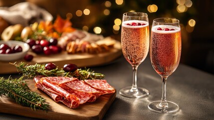 Rustic Thanksgiving brunch scene with cranberry mimosas, charcuterie board in view, fall-themed napkins, soft natural light streaming in