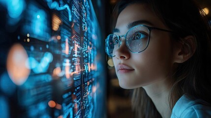 A young woman wearing glasses looks intently at a large screen filled with data and graphs.
