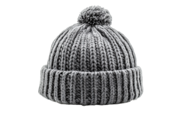A gray knit hat with a pom pom on top. ,on transparent background.