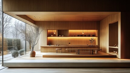 Enjoying a cozy dining space with minimalist design and warm timber tones