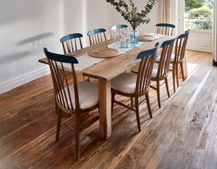 Obraz premium french country dining room with a coastal vibe reclaimed wood table whitewashed wood floors eucalyptus in a vase