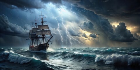 Dark grey stormy sea with old sailing ship in middle, surrounded by waves and lightning flashes on horizon, stormy