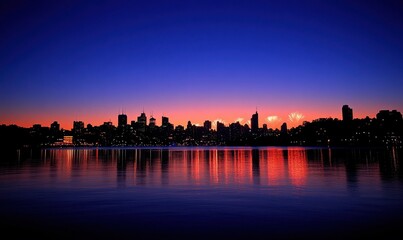 Fototapeta premium Stunning City Skyline at Dusk with Reflections and Fireworks in the Background Creating a Vibrant Atmosphere on a Peaceful Water Surface