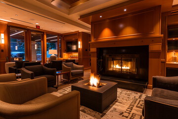A lounge with ambient lighting, featuring plush furniture and a glowing fireplace.