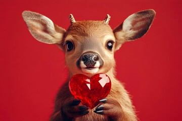 Cute elk baby with diamond red heart - sign of love, funny greeting card. Marketing pattern. Advertising concept. Elk - my preferred animal. Valentine's day nature love. Heart symbol.