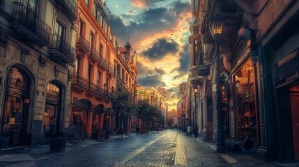 Fototapeta premium Sunset Streetscape: A Charming Evening in a European City