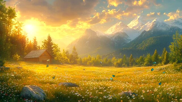 Golden sunset illuminating mountain meadow with blooming wildflowers seamless looping 4k time-lapse animation video background. Nature concept