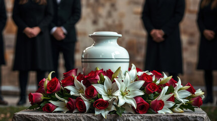 Vivid roses and lilies surround a softly focused light colored cremation urn resting on a stone surface at an outdoor funeral service, attended by solemn guests in dark attire. Template with copy spac