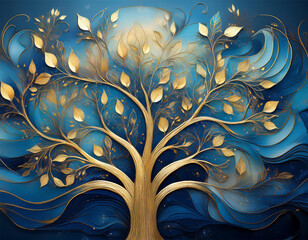 blue and gold tree artwork with textured petals on a subtle background