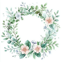 Fototapeta premium Summer color tone green flowers circle frame wreath art illustration.