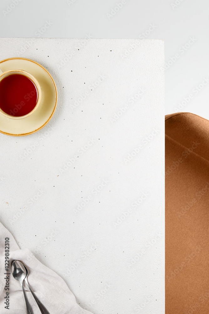 Poster minimalist tabletop with tea and silverware elegant composition and light play