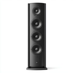 Obraz premium tall black floor-standing speaker with visible woofers and tweeters, isolated on a clean white background
