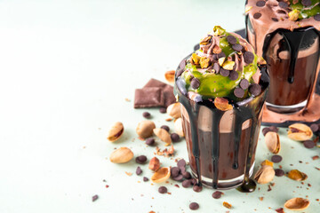 Dubai chocolate milkshake, crazy shake dark chocolate cocktail, with whipped chocolate cream,...