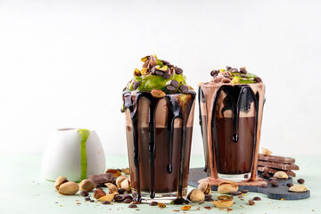 Dubai chocolate milkshake, crazy shake dark chocolate cocktail, with whipped chocolate cream,...
