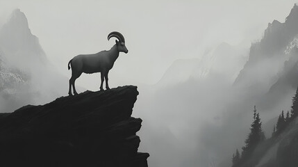 Its sturdy figure is captured in profile, highlighting its distinctive horns and powerful build against the soft, diffused light , The surrounding peaks fade into the distance, shrouded in a veil 