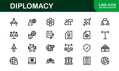 Diplomacy Icons. Professional Vector Illustrations for International Relations, Negotiations, and Global Communication Projects