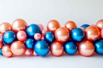 Cluster of orange, blue, and pink metallic balloons arranged in a playful and colorful display.