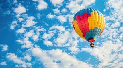 Naklejka premium A colorful hot air balloon floats serenely against a vibrant blue sky dotted with fluffy white clouds.
