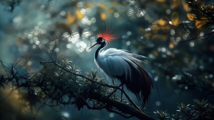 Naklejka premium An elegant crowned bird strolls gracefully through the lush greenery, its vibrant crest catching the sunlight, creating a picturesque scene of natural