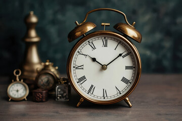 vintage brass alarm clock with Roman numerals sits on wooden surface, surrounded by small antique timepieces