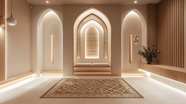 Serene prayer room with arched niches, intricate carvings, and soft lighting.