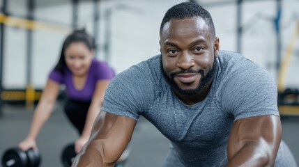 Personal trainer enthusiastically guides client through an intense workout in a gym, emphasizing strength and perseverance with a motivational approach.