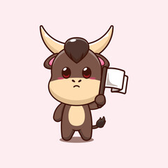 bull mascot cartoon character vector illustration with white flag