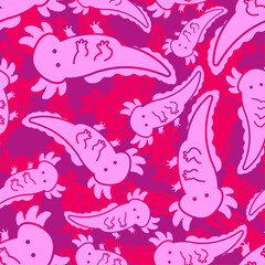 Axolotl pink Military pattern seamless. Little Amphibian Salamander pink Army background. Texture khaki, green hunting uniform