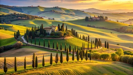 Naklejka premium Rolling hills with cypress trees and golden light in Campagna Marchigiana landscape