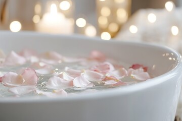 Luxurious white tub filled with water and soft rose petals creates an inviting atmosphere. Blurred candlelight adds a warm glow, perfect for an indulgent evening of relaxation