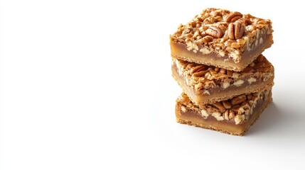 Stack of maple pecan bars, cozy Thanksgiving dessert, home-baked style, warm hues, crumbling crust, isolated on white background