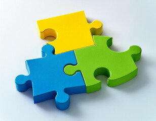 three interlocking puzzle pieces in green yellow and blue on white surface