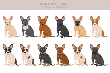 Obraz premium French Bullhuahua clipart. French Bulldog - Chihuahua mix. All possible coat colors, breed information, adults and puppies. Vector illustration