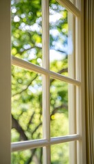 Sunlight Streams Through a Multi-Paned Window, Illuminating Lush Green Foliage Beyond