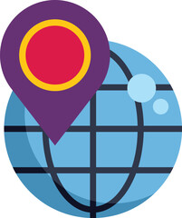 Purple location pin is pointing on a blue world globe icon, representing global positioning