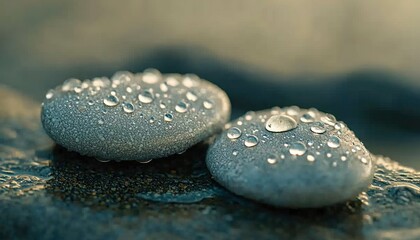 Dewdrops on Smooth Grey Stones Resting on Wet Rock