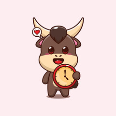 bull mascot cartoon character vector illustration with clock