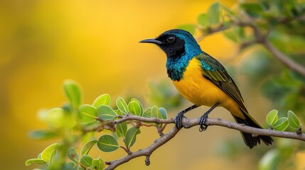 Fototapeta premium a blue-and-yellow bird perches on a tree branch against a backdrop of green foliage and yellow flowers below 