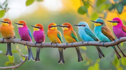 Obraz premium Various colorful birds, like yellow and green ones, gather harmoniously atop a tree branch or pole, showcasing vibrant beauty near leafy trees. 