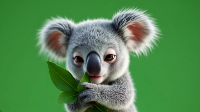 Cute koala holding leaves, green screen, animation, children's book