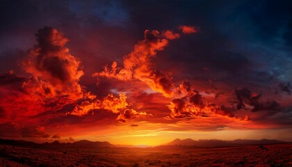 Fototapeta premium Fiery Sunset Sky, Dramatic Clouds, Ocean Reflection, Vivid Colors, Burning Horizon, Intense Orange H, Generated image
