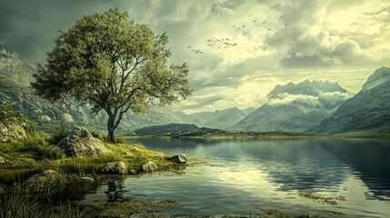 Fototapeta premium Serene Mountain Lake Landscape: A solitary tree stands by a tranquil lake, mirroring majestic mountains under a cloudy sky. Birds fly overhead, adding to the idyllic scene.