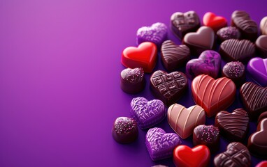 Obraz premium n assortment of colorful heart-shaped candies and chocolates, artistically arranged on a raspberry-to-deep-violet gradient background. Valentines Day and 8 March theme