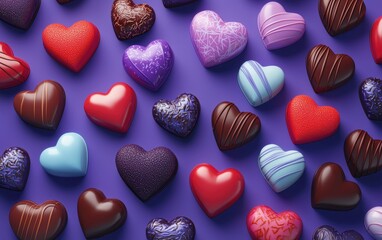 Obraz premium n assortment of colorful heart-shaped candies and chocolates, artistically arranged on a rich purple-to-indigo gradient background. Valentines Day and 8 March theme